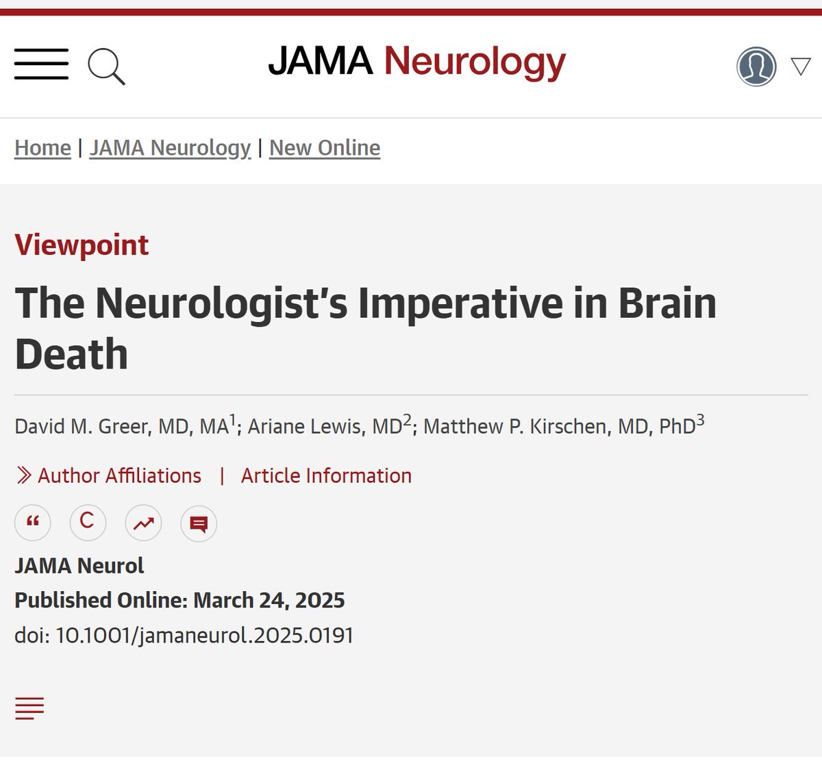 Viewpoint: Neurologists must ensure 100% accuracy in brain death determinations to uphold public trust and avoid grave consequences by strictly following guidelines and enhancing training. ja.ma/3UObKr7