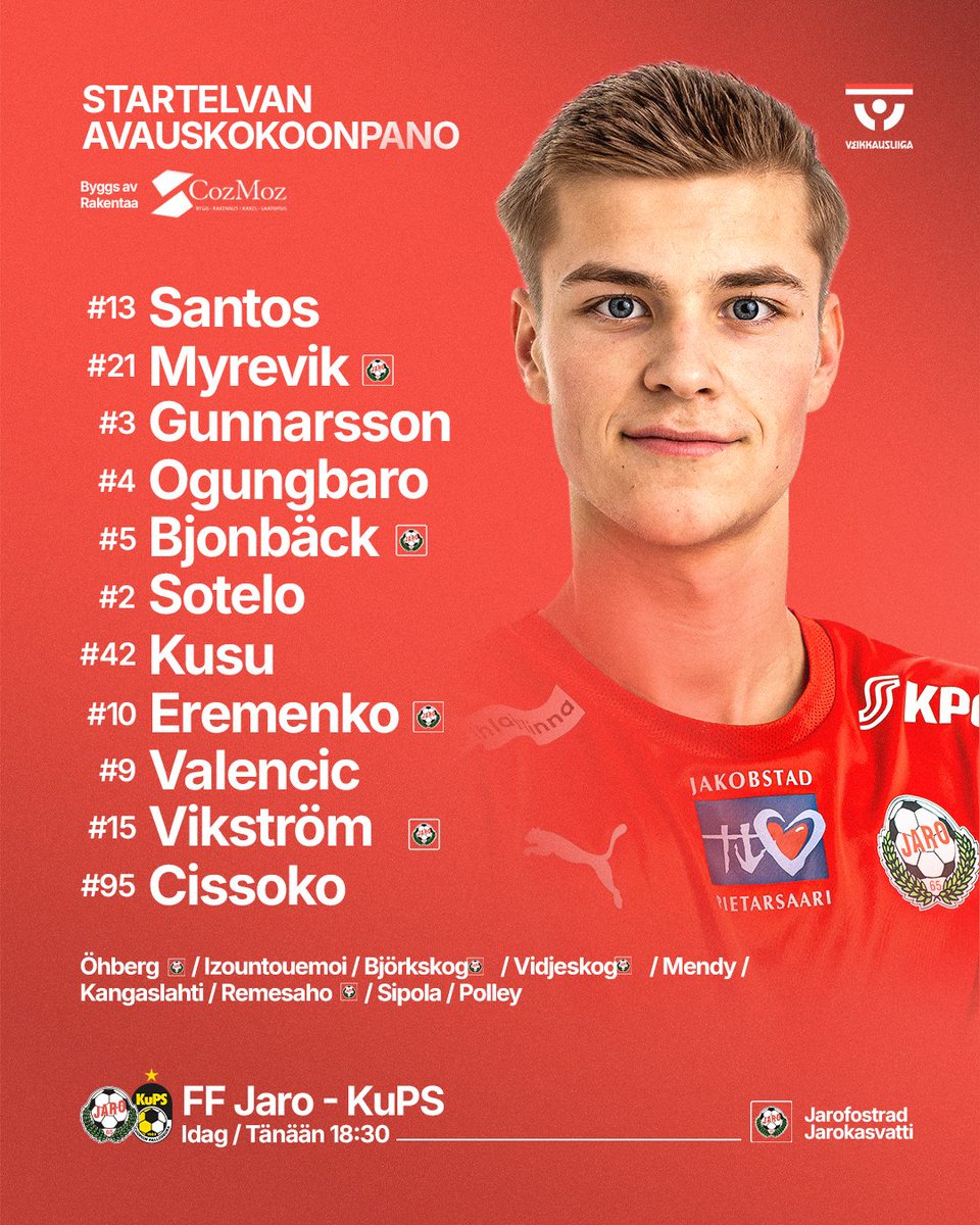 Första gången i startelvan för Rudi. 💪
Rudille ensimmäinen kerta avauksessa. 💪
---
⏰ Idag / Tänään 18:30
⚽️ FF Jaro - KuPS
🎟️ Biljetter/Liput: lippu.fi/ffjaro
🏟️ Project Liv Arena
📺 Stream: Ruutu Urheilu