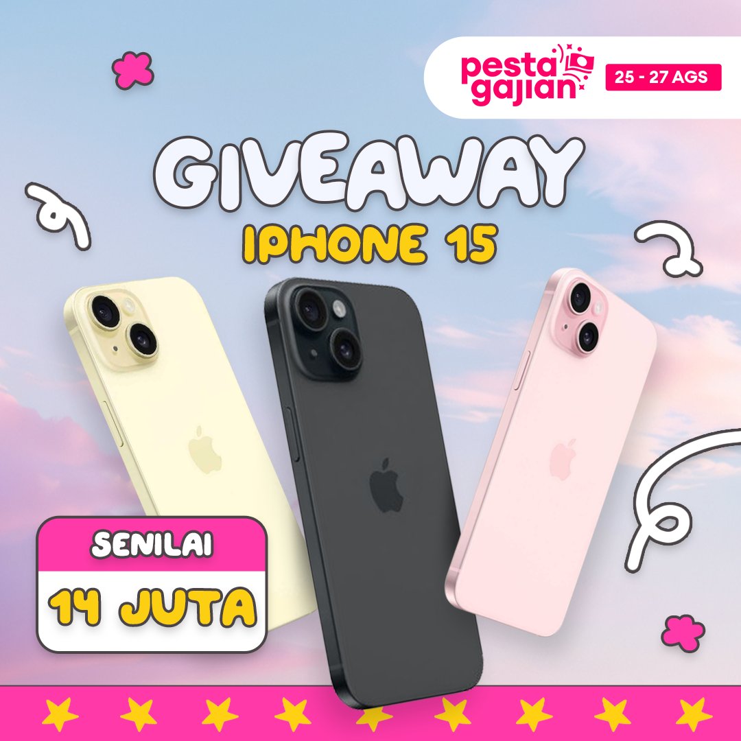 Lazada (@lazadaid) on Twitter photo GIVEAWAY ALERT 
DAPET GAJIAN SEKALIAN DAPET IPHONE 15!  
1. Follow <a href="/LazadaID/">Lazada</a> & tag 3 teman 
2. RT, Like & REPLY pantun dua baris yang diawali dengan kata "Lazada Pesta Gajian" + kamu pengen checkout apa gajian bulan ini!
Periode: 24 - 27 Agustus 2025 GIVEAWAY ALERT 
DAPET GAJIAN SEKALIAN DAPET IPHONE 15!  
1. Follow <a href="/LazadaID/">Lazada</a> & tag 3 teman 
2. RT, Like & REPLY pantun dua baris yang diawali dengan kata "Lazada Pesta Gajian" + kamu pengen checkout apa gajian bulan ini!
Periode: 24 - 27 Agustus 2025