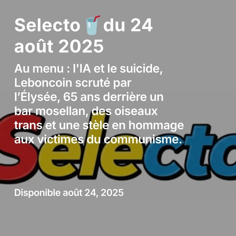 Notre première newsletter est sortie🥤 Quatre récits, un autre passé inaperçu, une enquête sortie des archives, des idées de reportages ou de blagues pour vos dîners... On est déjà presque 100, n'hésitez pas à faire tourner ! Vivement dimanche prochain...
selectonewsletter.substack.com/p/selectodu-24…
