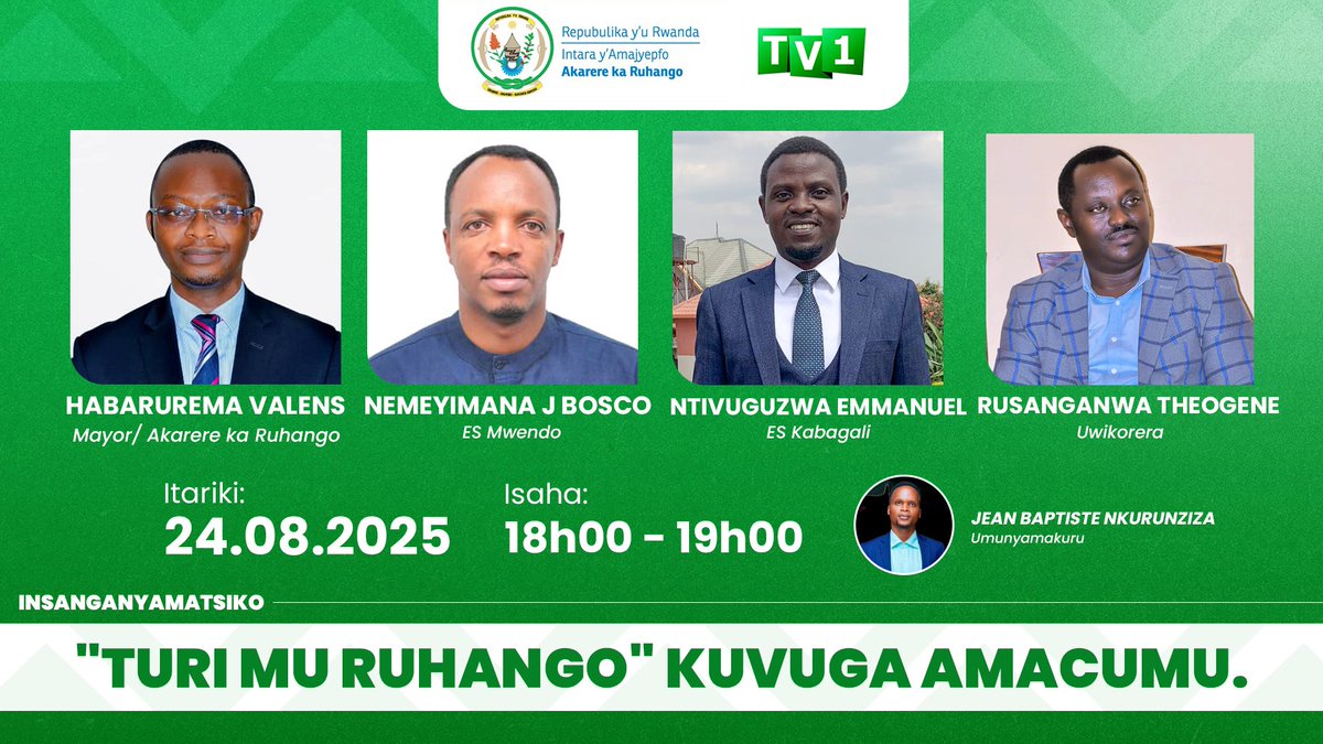 Ruhango District (@ruhangodistrict) on Twitter photo "TURI MU RUHANGO" mu Kanya kuri TV1.
<a href="/RwandaLocalGov/">Ministry of Local Government | Rwanda</a> , <a href="/RwandaSouth/">Southern Province | Rwanda</a>, <a href="/byukavuba/">Sir. Uracyaryamye</a> , <a href="/juniorrumaga/">RUMAGA</a> , <a href="/AKayitesiAlice/">Kayitesi Alice</a> "TURI MU RUHANGO" mu Kanya kuri TV1.
<a href="/RwandaLocalGov/">Ministry of Local Government | Rwanda</a> , <a href="/RwandaSouth/">Southern Province | Rwanda</a>, <a href="/byukavuba/">Sir. Uracyaryamye</a> , <a href="/juniorrumaga/">RUMAGA</a> , <a href="/AKayitesiAlice/">Kayitesi Alice</a>