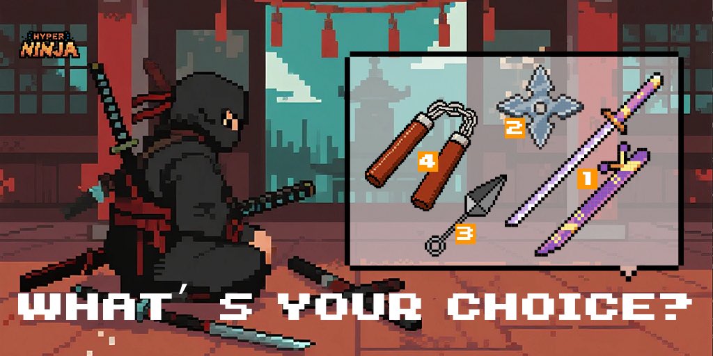 🔥 The ninja’s choice awaits!
In the shadows of Hyper Ninja, every decision shapes your destiny. 

What’s your preferred ninja weapon? ⚔️

👇 Vote now and let the clan decide!
1️⃣ Katana
2️⃣ Shuriken
3️⃣ Kunai
4️⃣ Nunchaku

Let’s see which weapon rules the shadows! 🥷✨