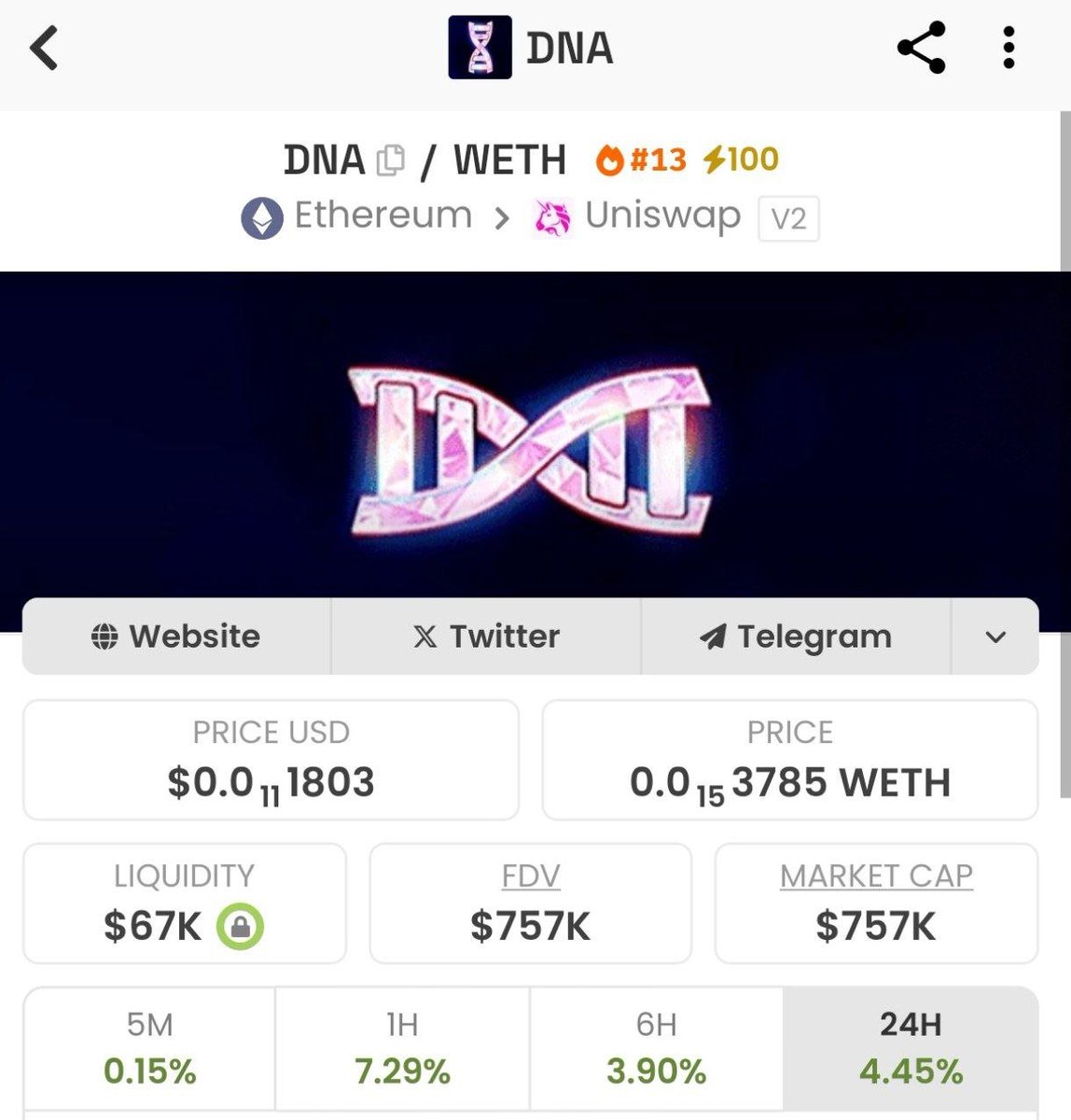 DNACTO_DNA's tweet photo. $DNA IS BOOSTED ON @DEXSCREENER #100XBOOST WITH #13 TRENDING 🚀🚀🚀

WE HAVE MORE BIGGER PLANS FOR OUR PROJECT🚀🚀🚀💚💚💚

DEFINITELY SOMETHING HUGE +BITMART IS COMING IN THIS WEEK 🚀🚀🚀💚💚💚

BUY HOLD SHILL🚀🚀⚡️⚡️
https://t.co/XRGpWC7F4E https://t.co/KJ29UGc37K