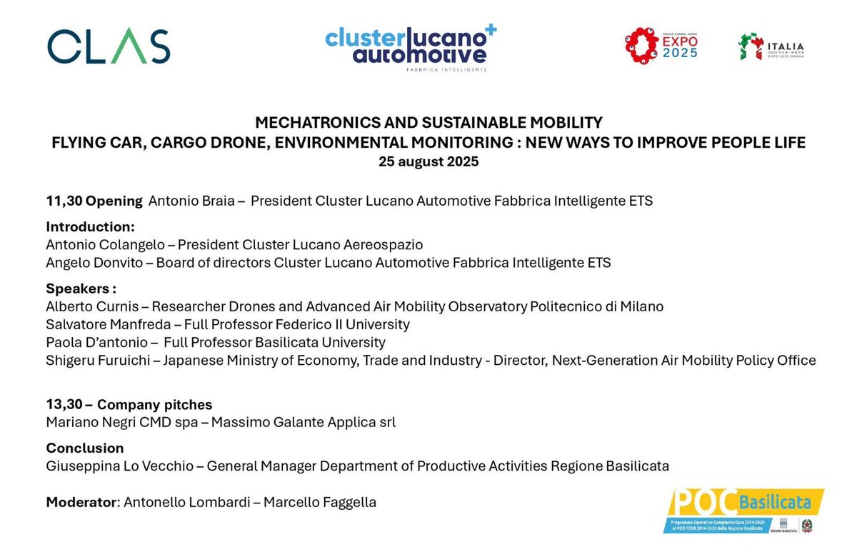 Salvatore Manfreda (@sal_manfreda) on Twitter photo Excited to join 🚀 MECHATRONICS AND SUSTAINABLE MOBILITY at <a href="/expo2025japan/">Expo 2025 Osaka Kansai</a> (Aug 25, 11:30 – Stand Regione Basilicata).
I’ll contribute to the discussion on #drones, #flyingcars & #sustainablemobility 🌍
#ExpoOsaka2025 #Innovation #Mechatronics Excited to join 🚀 MECHATRONICS AND SUSTAINABLE MOBILITY at <a href="/expo2025japan/">Expo 2025 Osaka Kansai</a> (Aug 25, 11:30 – Stand Regione Basilicata).
I’ll contribute to the discussion on #drones, #flyingcars & #sustainablemobility 🌍
#ExpoOsaka2025 #Innovation #Mechatronics