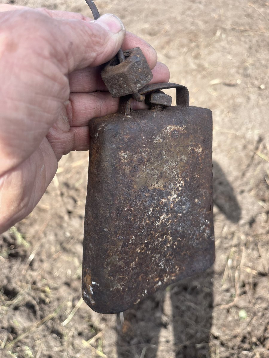Found during our old yard cleanup project. The hex nut was inside on a rusted wire; likely a replacement clapper. Guessing it’s 100+ years since Bessy was wearing it. 

The original Apple AirTag