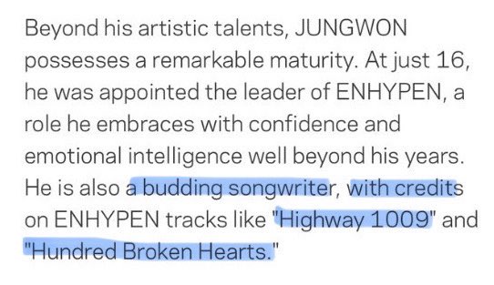 these solos are really being so stupid and rude to jw even calling him names without even verifying and checking facts. jungwon TOOK part in WRITING the lyrics of highway 1009 and hundred broken hearts, nobody claimed he produced them except your stupid ass, you’re embarrassing