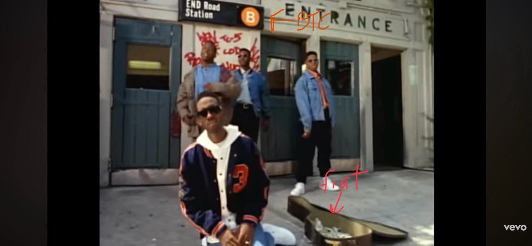 FijiHodl's tweet photo. @bitcoinarchive This is a music video of End of the Road. Boy2Man 1992.
He has dollars (fiat) in the guitar case and the train station sign is Bitcoin. (End of the Road for fiat) https://t.co/mLhC4CtZPy