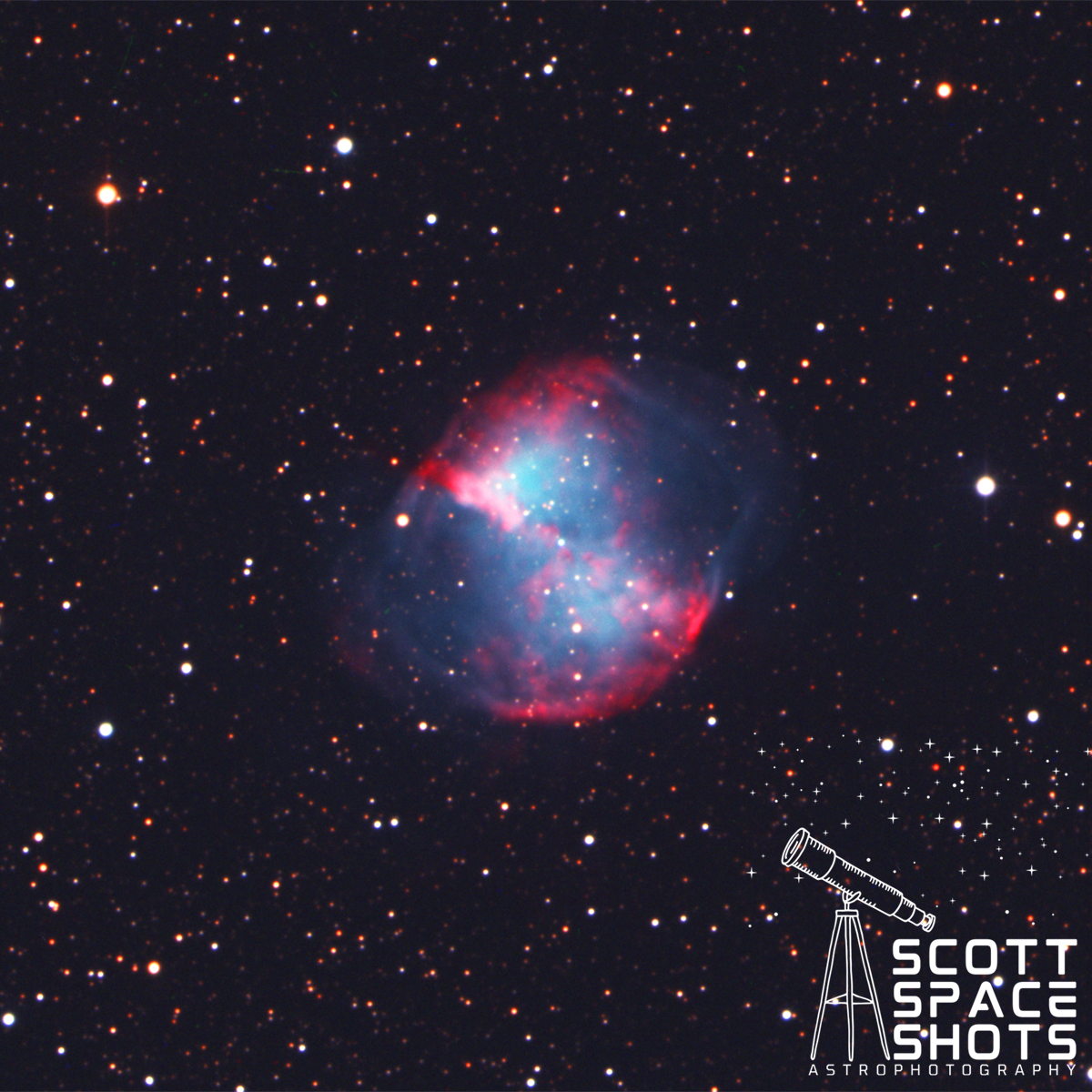 ScottSpaceShots's tweet image. I have finished capturing the Dumbbell Nebula (M27) using a remote telescope under the dark skies of Utah. This is 64 minutes of data, stacked in #DeepSkyStacker  and processed in Photoshop #DumbbellNebula #Astrophotography #M27