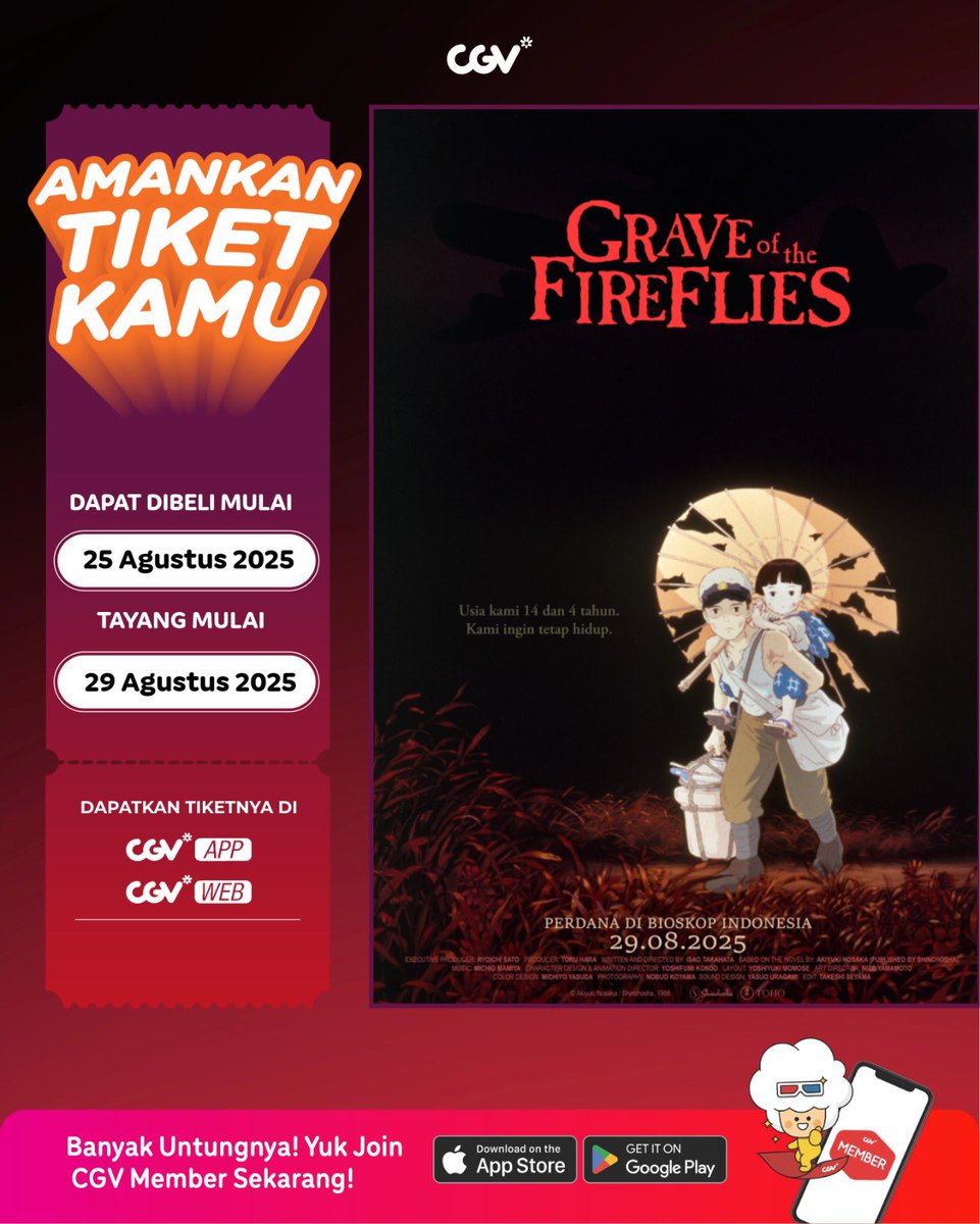 Udah siap nangis berjamaah? Yuk amankan tiket <Grave of the Fireflies> yang bisa kamu beli mulai besok di CGV😭🥰

Tayang mulai 29 Agustus! Dapatkan tiketnya di website atau aplikasi CGV! 

#GraveoftheFireflies #StudioGhibli #SemuaSerudiCGV