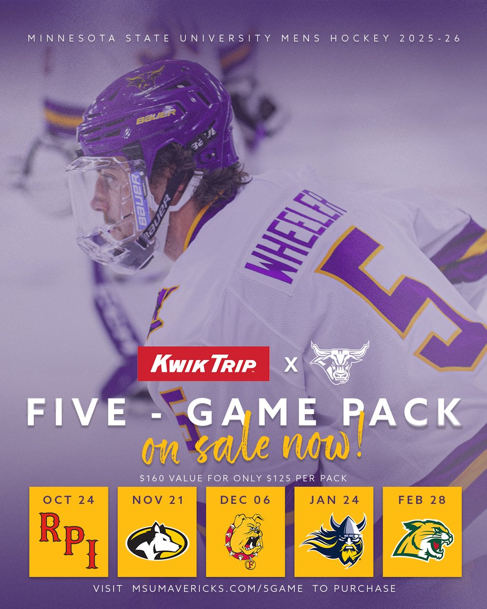 🏒💥 Maverick Fans — Time’s Running Out! 💥🏒

Have you ordered your Kwik Trip Five-Game Pack yet?
🎟️ Five electrifying Maverick Hockey games. One unbeatable deal.

msumavericks.com/5game