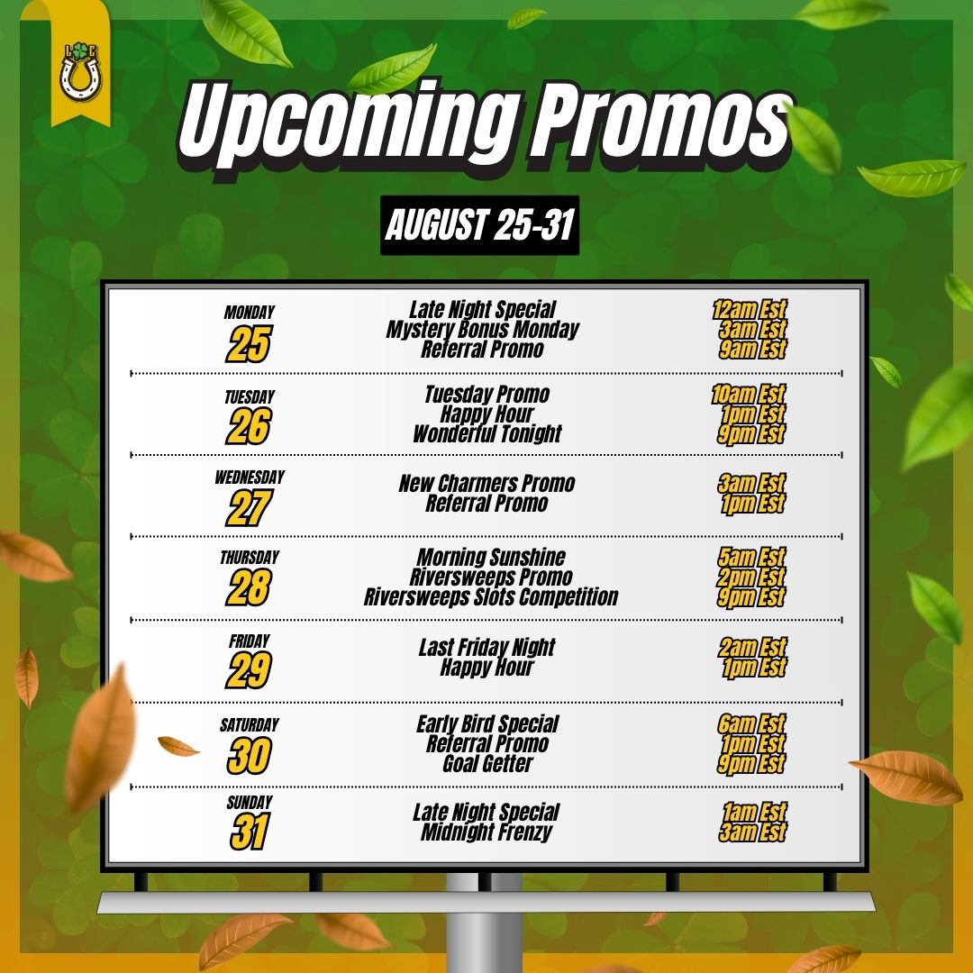 Lucky_Charmers_'s tweet image. 🎉Big deals, bigger fun! Don’t miss out on our Upcoming Promos running from August 25–31. From Late Night Specials to Early Bird Deals, we’ve got something for everyone every day of the week.
#UpcomingPromos #SpecialDeals #WeeklyPromos #LateNightSpecial #HappyHour #PromoAlerts