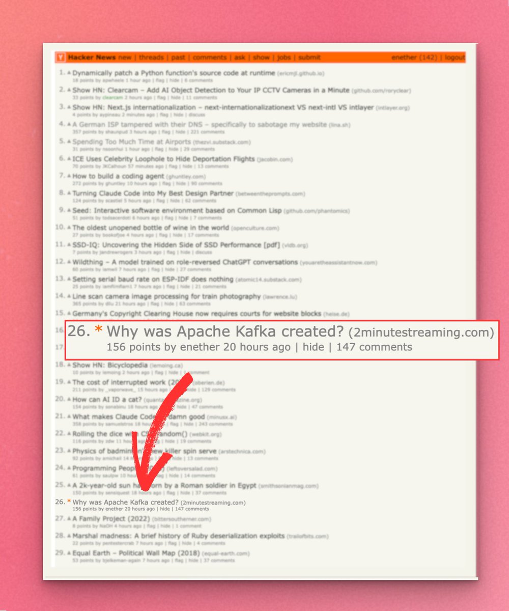 BdKozlovski's tweet image. &quot;Why Was Apache Kafka Created&quot; reached the front-page of Hacker News! 🥳

First time making it there! It really does bring an onslaught of traffic to your website.

Lots of comments discussing Kafka and alternatives. Feel free to join the discussion - news.ycombinator.com/item?id=449888……