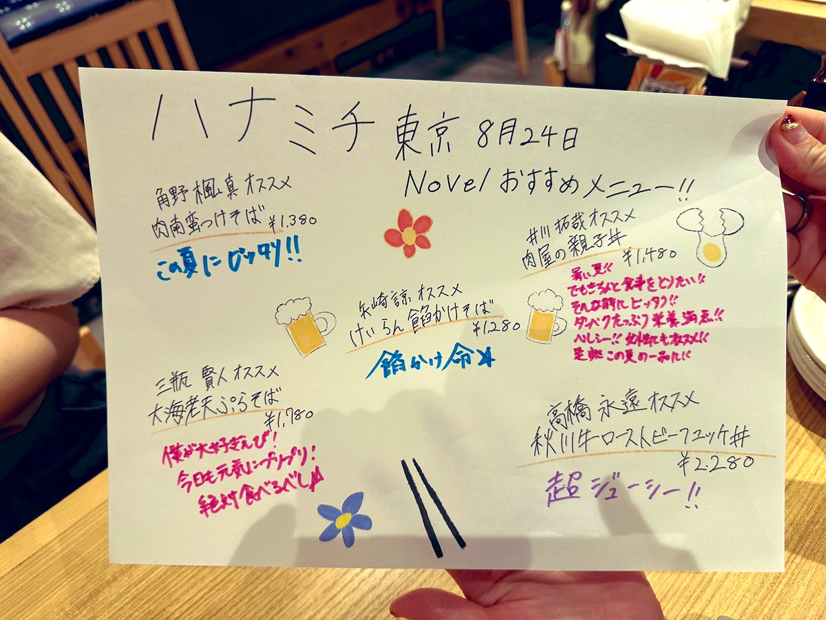 色ペンで書いてある一言が直筆なんですよ！びっくりした

他の席のに比べて我らが？ケンティの一言が少し疲れたバージョンなのも可愛いね

 #teamnovel