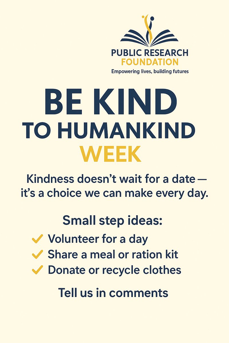 NgoPrf's tweet photo. “Kindness doesn’t wait for a date — it’s a choice we make daily 🌍❤️
This #BeKindToHumankind Week, let’s spread compassion:
✔ Volunteer
✔ Share a meal
✔ Donate clothes

Tell us — aapki kindness act kya thi aaj? 🌸
#KindnessMatters #PRF” https://t.co/eYb5I8LYcw