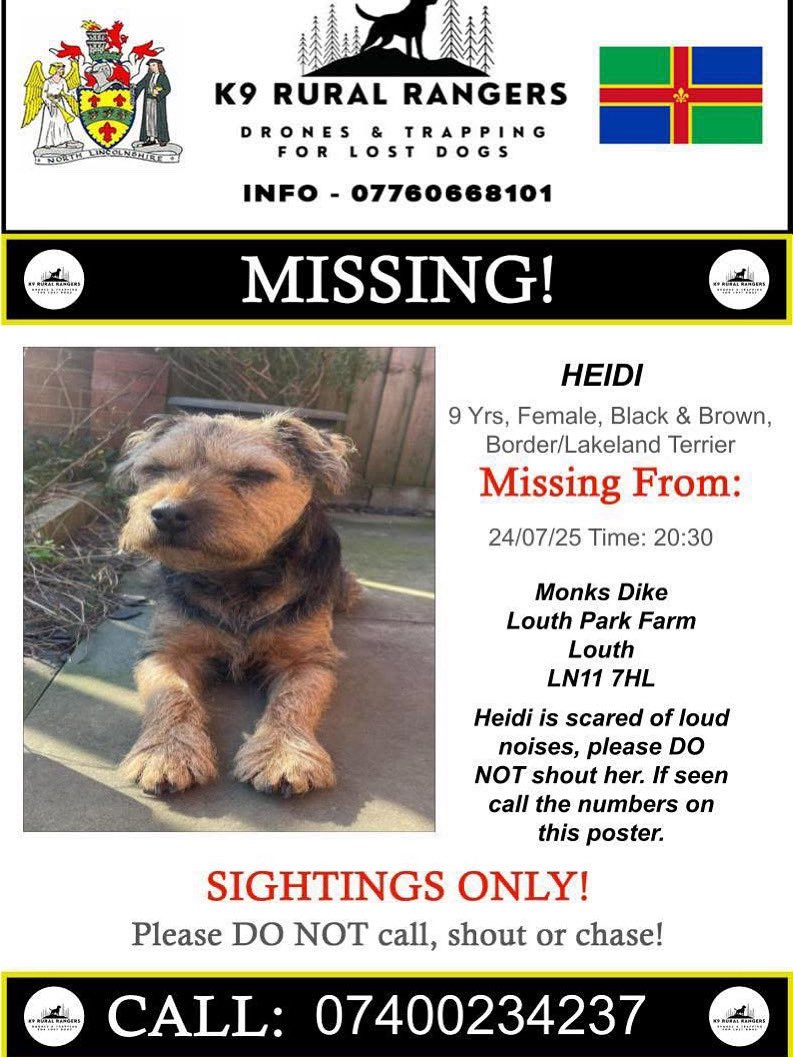 Heidi Missing  #LouthParkFarm area #louth #LN11
Pls call with info, sightings/direction of travel.
missing for 2 weeks! she’s mostly black so well camouflaged. 
a chance she’s gone pretty far by now, or picked up and kept,pls share widely. 
☎️ numbers on poster or 07976972204.
TY
