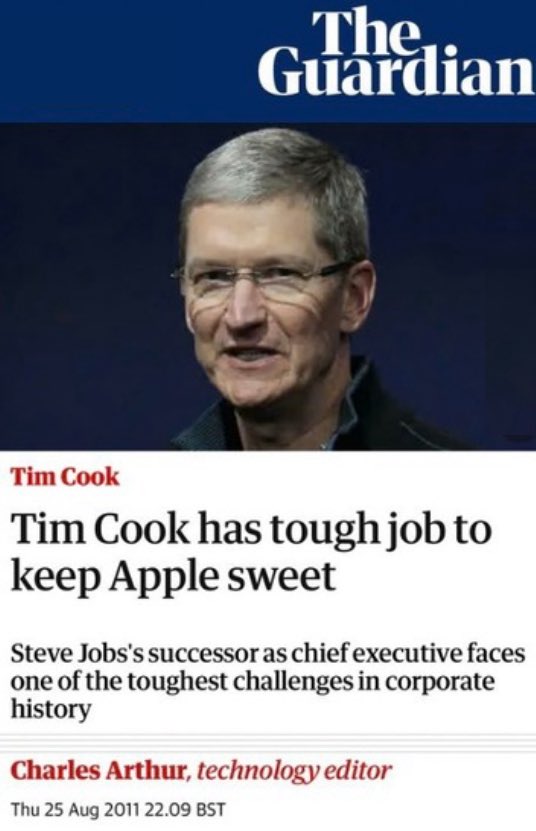 On this day in 2011: Tim Cook was named CEO of Apple.

Estimated iPhones
sold since then:         +2 billion

Apple’s revenue
since then:                +$3 trillion

Total stock return:   +1,900%

Apple valuation:    +$3 trillion