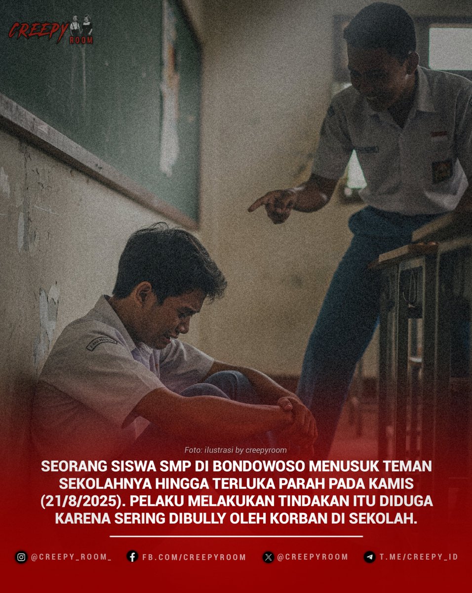⚠️ WARNING: KONTEN SENSITIF 
Video: creepyroom.web.id/2025/08/siswa-…

BONDOWOSO – Suasana di SMPN 1 Grujugan, Kabupaten Bondowoso, mendadak mencekam setelah seorang siswa kelas VII berinisial MD (13) menjadi korban penusukan oleh teman sebayanya, Kamis (21/8/2025). Peristiwa mengejutkan