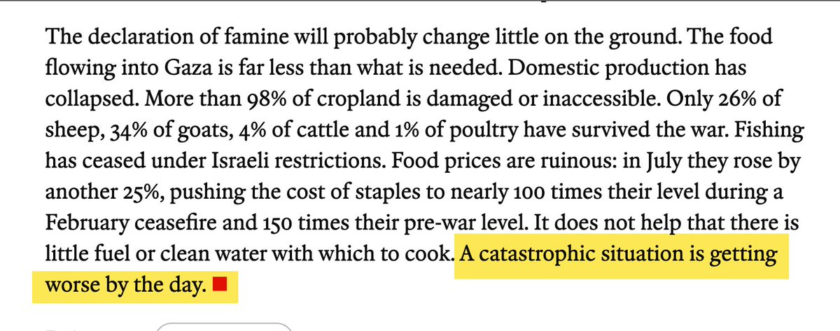 The Economist -- which supported Israel's attack on Gaza from the start -- surveys all evidence and definitively declares: "catastrophic levels of hunger have been confirmed."

Famine now in every region. More than 15% of young children are severely malnourished. All worsening.