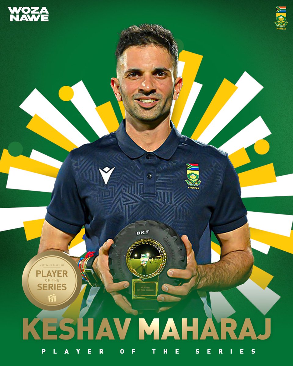 tajal_noor's tweet image. A massive congratulations to Keshav Maharaj! 🙌🇿🇦 

His phenomenal performances throughout the ODI series against Australia have earned him the Player of the Series award. 🔥🏏 

#WozaNawe #AUSvSA #AUSvsSA #Cricket