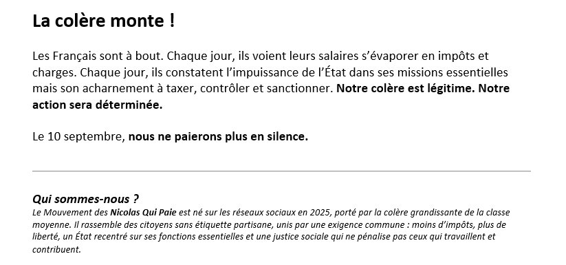 🛑💸 Voici le communiqué de presse du groupe Facebook du mouvement Nicolas Qui Paie (NQP) qui sera diffusé aux différents organes de presse de France.

Qu’en pensez-vous les Nicolas ? 💸