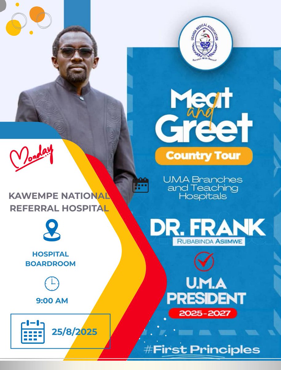 KagaheJamada's tweet image. Dr.Frank Asimwe,the incoming U.M.A president and the whole team will be at Kawempe National Referral Hospital Boardroom tomorrow Monday 25th,August 2025 at 9am.

Come ask the hard questions, come give your best opinions, we will listen.
#firstprinciples