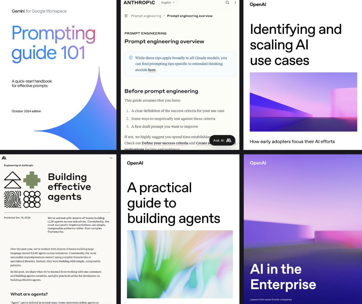 heyrimsha's tweet image. $50,000 worth of AI training just became free.
OpenAI, Anthropic, and Google dropped their
best guides on:
- Prompt Engineering
- Building Agents
- AI integration strategies
- Working with AI
All the links below.