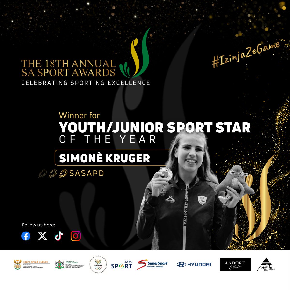 SportArtsCultur's tweet image. The future is fierce!
Simoné Kruger (Para Athletics) is Youth/Junior Sport Star of the Year. A rising legend whose journey is just beginning..
#IzinjaZeGame #SASA18thEdition #CelebratingSportingExcellence
