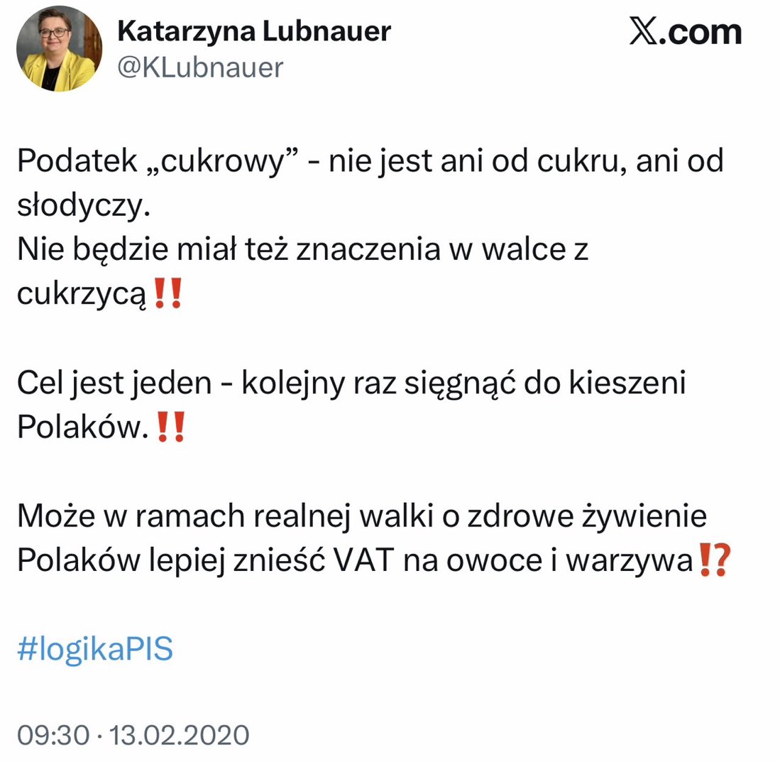 Bartosz Pałucki (@palucki_b) on Twitter photo Dzisiaj wiceminister Lubnauer usunęła tweet krytykujący podatek cukrowy… z czasów kiedy była w opozycji.
Pani poseł <a href="/KLubnauer/">Katarzyna Lubnauer</a>, w innych sprawach też tak często zmienia Pani zdanie? Dzisiaj wiceminister Lubnauer usunęła tweet krytykujący podatek cukrowy… z czasów kiedy była w opozycji.
Pani poseł <a href="/KLubnauer/">Katarzyna Lubnauer</a>, w innych sprawach też tak często zmienia Pani zdanie?
