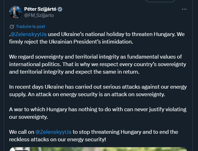 🇭🇺🇺🇦🇷🇺

Les ministres des Affaires étrangères ukrainien et hongrois s'affrontent publiquement sur Twitter après les attaques ukrainiennes contre les infrastructures gazières russes fournissant du gaz à la Hongrie et les critiques de cette dernière envers l’Ukraine, qui ne fait