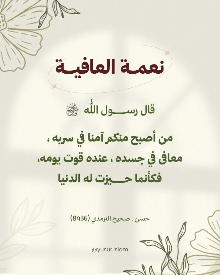 من أصبح آمناً في بيته، صحيح البدن، ولديه ما يكفيه من طعام ليوم واحد، فقد أعطي خير الدنيا كله. هذا الحديث يحث على القناعة والرضا بنعم الله عز وجل، وتقدير الأمن والصحة والرزق، مهما كان قليلاً
.
.
.
.

#الصحة #العافية #النعمة #حديث #الدين #يسر