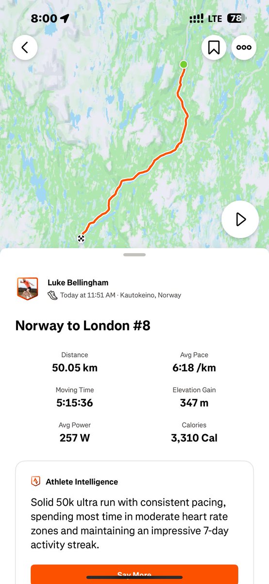 Norway to London Day #8
50.06km

Absolutely breezed through the first 20km, pushing sub 6 min/kms and then the real fun began. 
The issue with my foot flared up again but after putting a small bandage over the vein it kept it from kicking off again- so I dragged myself through