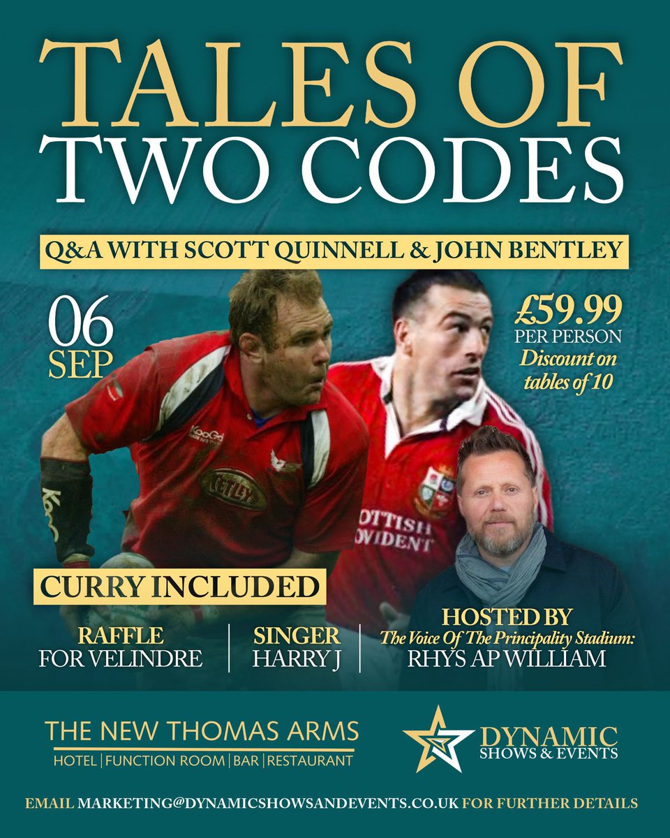 Due to unforeseen circumstances Scott Quinnell will side step in for Jonathan Davies at this event at the New Thomas Arms, Llanelli on September 6th. <a href="/ScottQuinnell/">Scott Quinnell</a> <a href="/RhysapWilliam/">Rhys Jones</a>