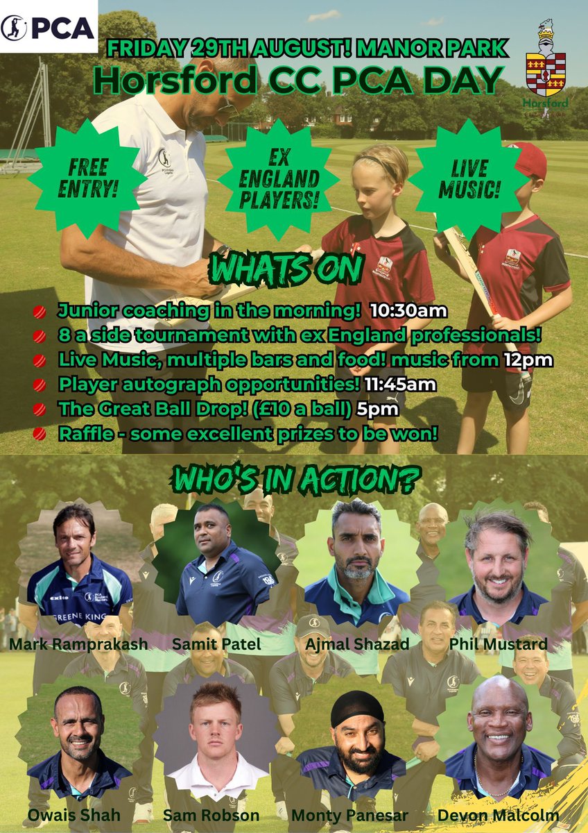 🐴 PCA DAY - FRIDAY 29th August 🐴

Youth coaching takes place in the morning! 

💴 Free Entry
🏏 8 ex England cricketers
🎵 Live Music 
🍔 BBQ 
🍺 Bar(s) open all day

Come down to Manor Park this Friday to enjoy a fun filled family day out.