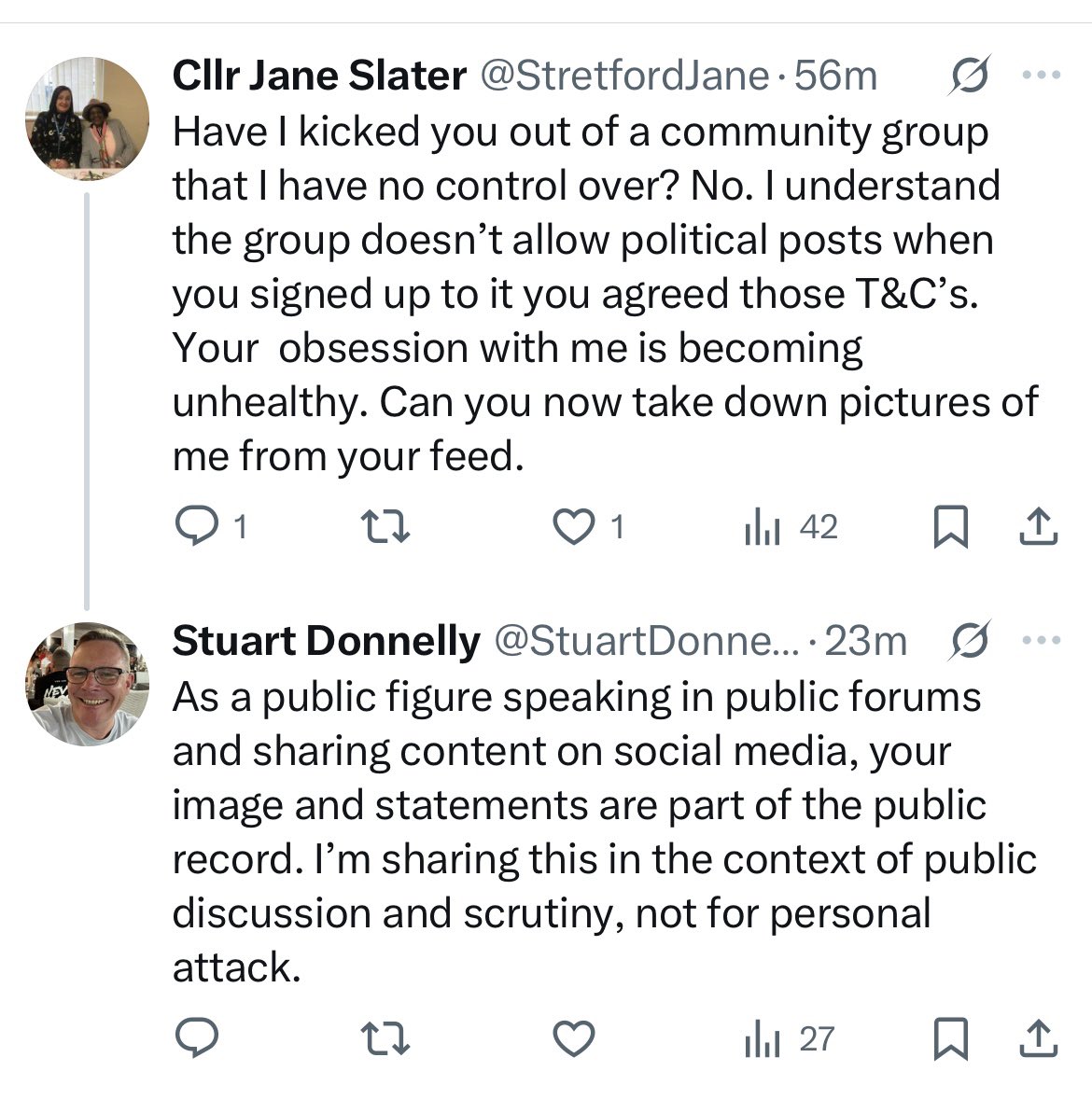 Public officials like <a href="/StretfordJane/">Cllr Jane Slater</a> can’t control public discussion. Residents can share and comment on public statements and images—social media isn’t their private press office. #stretford #trafford