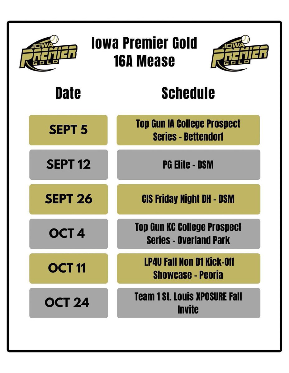 🔥Fall 2025 Schedule🔥Check us out- new to the IPF organization and excited to play! 🥎

 <a href="/IowaPremierFP/">Iowa Premier Fastpitch</a> #IPFLIFE 💛🖤