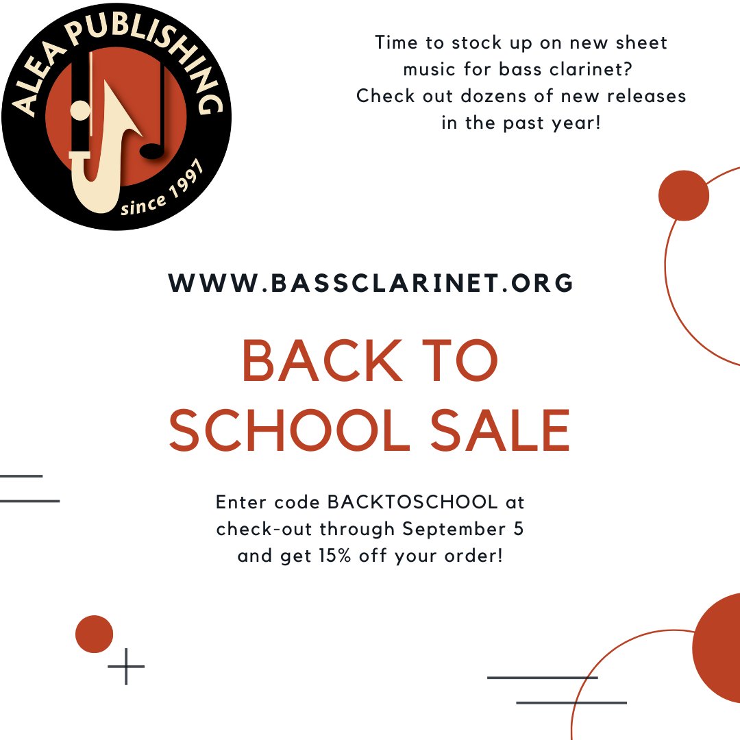Don't miss our back to school sale, now through Friday, September 5. 

Visit bassclarinet.org to browse our complete catalog of sheet music and recordings. Enter code BACKTOSCHOOL at checkout to save 15%

#bassclarinet #clarinet #sheetmusic #backtoschool #sale