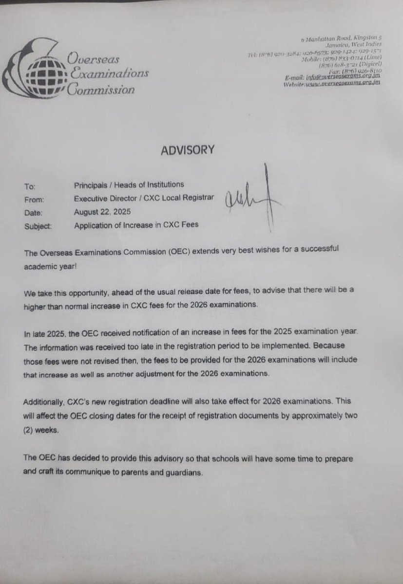 rohanpowellJA's tweet image. #DEVELOPING:Parents,Guardians all. Brace for increased #CXC #Exam fees come 2026.  @OverseasExams serves notice to Principals et al. No official word yet on the percentage fee increase. See advisory below. @NPTAJ @JamaicaTeachers @VSU_CaribSA @nssc_ja