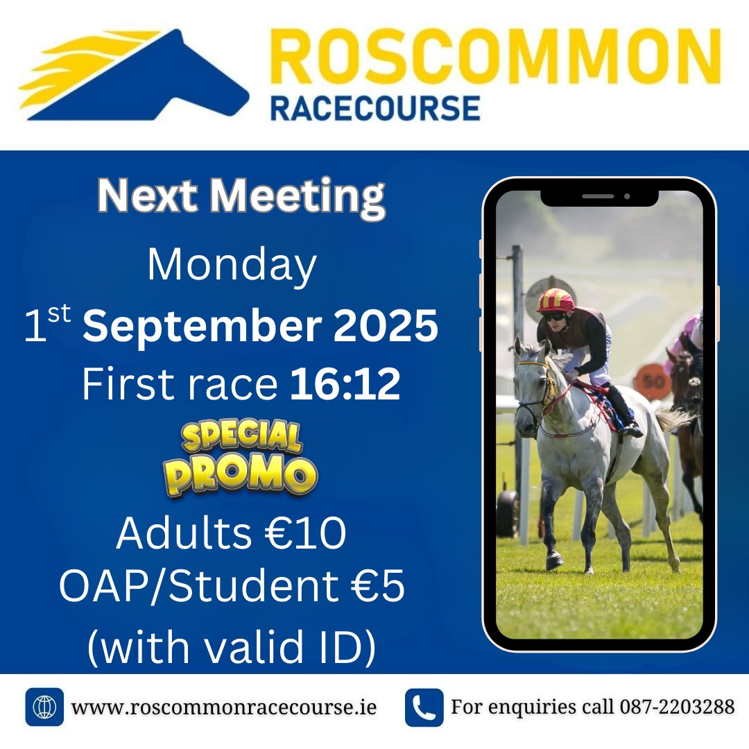 🐎 Evening Racing at Roscommon! 🌅

📅 Monday, 1st September 2025
⏰ First race: 4:12 PM
🎟️ Discounted Entry Promotion
👶 Under 16s FREE
Perfect evening out
🎫 Book: roscommonracecourse.ie/tickets/
#RoscommonRaces #EveryRacingMoment #IrelandsHiddenHeartlands