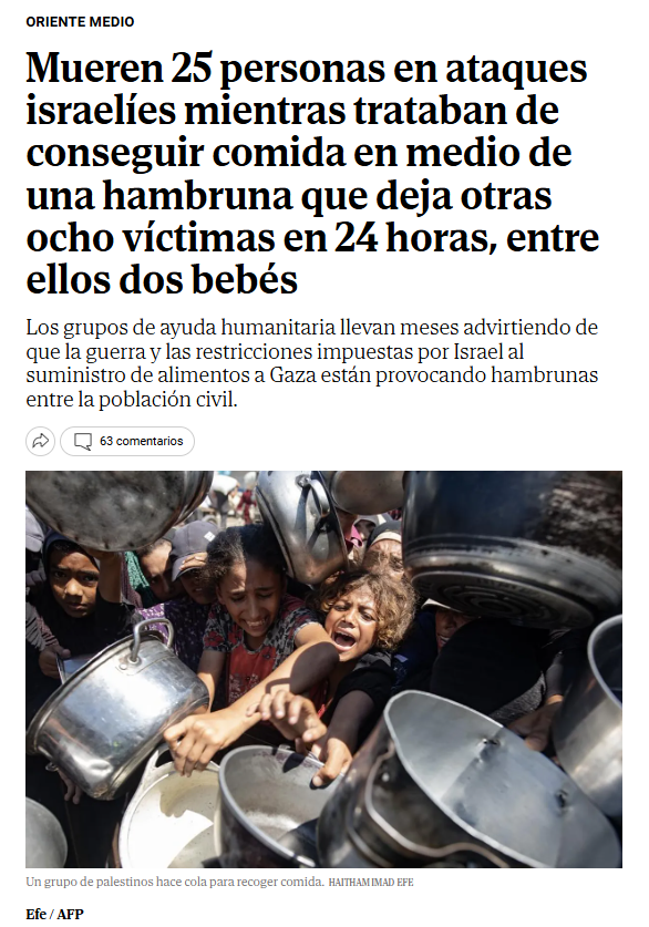 Noticia falsa, titular dictado por Hamás, foto escenificada, datos en el primer párrafo que solo tienen como fuente a Hamás.  
Cualquier cosa que leas en Lo Mundo sobre Gaza es, simple y llanamente, una asquerosa trola.
<a href="/elmundoes/">EL MUNDO</a> <a href="/EFEnoticias/">EFE Noticias</a>