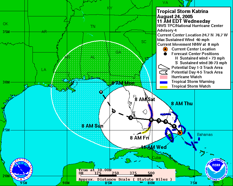 CC_StormWatch's tweet photo. 20 years ago today, we were five days away from #Katrina making its horrific Gulf coast landfall. One thing I wonder is what would happen if the models were like they are today - would the forecast be more accurate this far out? This was the 5-day forecast AT THE TIME. https://t.co/ggw5mvNQDF