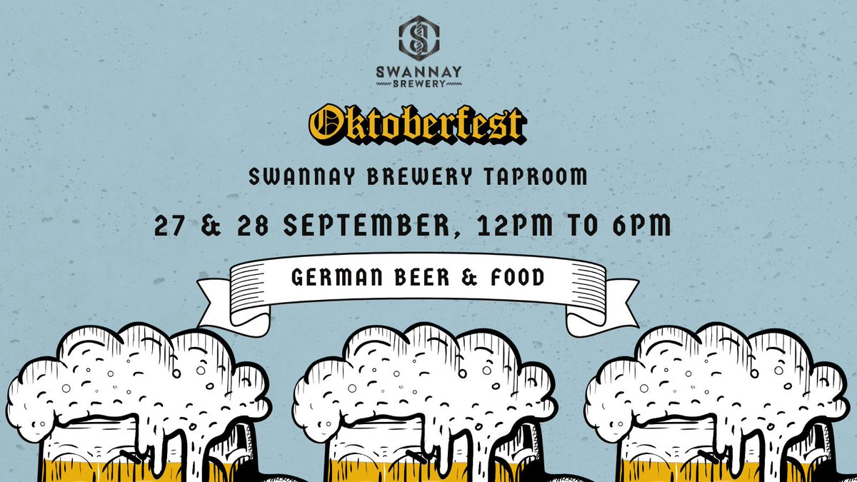 SwannayBrewery's tweet photo. OKTOBERFEST AT SWANNAY BREWERY

Save the date! On 27 and 28 of September we are celebrating Oktoberfest at the brewery.

We're excited to be pouring genuine, imported German Oktoberfest beers in keg and bottle.

Food will be available from Pablos Grill who has been working on an a great German-themed menu. Sausages, sauerkraut, pretzel-style bread, you get the idea.

More exciting details to follow.