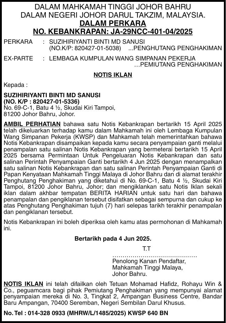hanoglu_hakan's tweet photo. ŞOK … ŞOK … ŞOK…
6S’yi SARSACAK YENİ BELGE👇🏻👇🏻👇🏻
Onmilyonlarca Dolar para verip Forma sponsoru olan, İllegal Bahisci Firma adina imza atan SUZIHIRIYANTI BINTI MD SANUSI’nin ( dogum tarihi 27 Nisan 1982 ), Malezya’da gıyabında IFLAS kararı verildigine dair resmi tebligat👇🏻👇🏻👇🏻
Kaynak Gasteci Kız 😊 Seher Yaşayacak / İtalya
Belgenin Tercumesi aşağıda
Bu belge Malezya Johor Bahru Yüksek Mahkemesi tarafından yayımlanmış bir iflas ilanı (Notis Kebankrapan).
⸻
JOHOR BAHRU YÜKSEK MAHKEMESİ
Johor Darul Takzim Eyaleti, Malezya
KONU:
İFLAS DOSYASI NO: JA-29NCC-401-04/2025
DAVA KONUSU:
•SUZIHIRIYANTI BINTI MD SANUSI
(Kimlik No: 820427-01-5038) — Hüküm Borçlusu
DAVACI / KARŞI TARAF:
•Çalışanların Tasarruf Fonu Kurulu (KWSP) — Hüküm Alacaklısı
⸻
İLAN NOTU
Kime:
SUZIHIRIYANTI BINTI MD SANUSI
(Kimlik No: 820427-01-5336)
Adres: No. 69-C-1, Batu 4 ½, Skudai Kiri, Tampoi,
81200 Johor Bahru, Johor.
Dikkat Ediniz:
15 Nisan 2025 tarihli bir İflas Notisi aleyhinize açılmıştır. Bu dava, Çalışanların Tasarruf Fonu Kurulu (KWSP) tarafından Johor Bahru Yüksek Mahkemesi’ne yapılmış olup, Mahkeme şu şekilde tebligata karar vermiştir:
•15 Nisan 2025 tarihli mühürlü İflas Notisi ve İflas Notisinin İlan Yoluyla Tebliği Talebi, 4 Haziran 2025 tarihli ikame tebligat kararı ile birlikte tarafınıza ilan yoluyla tebliğ edilecektir.
•Bu belgelerin birer nüshası belirtilen adresinize (No. 69-C-1, Batu 4 ½, Skudai Kiri, Tampoi, 81200 Johor Bahru, Johor) kapıya asılacak, ayrıca Johor Bahru Yüksek Mahkemesi duyuru panosuna asılacaktır.
•Bir kez yerel gazete Berita Harian’da ilan edilerek yayımlanacaktır.
•Bu işlemlerden 7 gün sonra tebligatın geçerli ve tamamlanmış olduğu kabul edilecektir.
İflas Notisi, Mahkemeye başvurunuz üzerine incelenebilir.
Tarih: 4 Haziran 2025
İmza
Yardımcı Kayıt Memuru
Malezya Yüksek Mahkemesi, Johor Bahru
⸻
Bu ilan, alacaklı vekili avukatlar Tetuan Mohamad Hafidz, Rohayu Win & Co. tarafından yapılmıştır.
Adres: No. 3, Kat 2, Ampangan Business Centre, Bandar Baru Ampangan, 70400 Seremban, Negeri Sembilan Darul Khusus.
Tel: 014-328 0933 (MHRW/L/1485/2025) KWSP 640 BN
⸻
📌 Yani özetle:
•Suzihiriyanti Binti Md Sanusi’ye karşı KWSP (Malezya Çalışanların Emeklilik/Tasarruf Fonu) tarafından iflas davası açılmış.
•Tebligat doğrudan yapılamadığı için ilan yoluyla yapılmış.
•Gazete ve mahkeme panosunda ilan 7 gün içinde geçerli kabul edilmiş