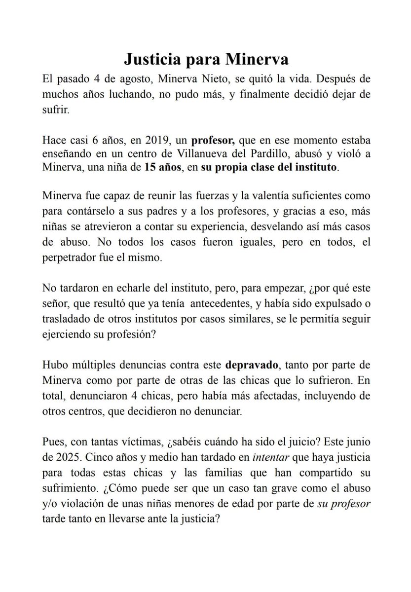 Torvicxs's tweet photo. En 2019, Minerva, con sólo 15 años, fue violada por un profesor en su propio instituto.

Esperó 5 años el juicio, sin medidas para proteger a las víctimas. El día del juicio, el acusado alegó enfermedad y se pospuso 1 año.

Minerva se quitó la vida el 04/08

#JusticiaParaMinerva https://t.co/VFdLBSx7Vn
