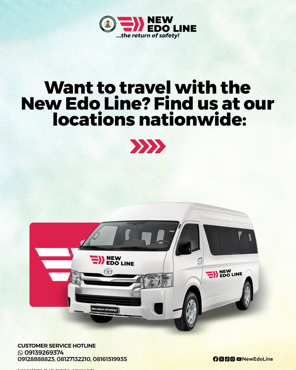 NewEdoLine's tweet photo. READY TO HIT THE ROAD? 🚌 

Locate New Edo Line at any of our nationwide branches and travel with peace of mind. Comfort and safety guaranteed!

visit https://t.co/deSJUG9Fs1 for more info!

#NewEdoLine #TheReturnOfSafety #NewWayToTravel https://t.co/xcxM3riLDh