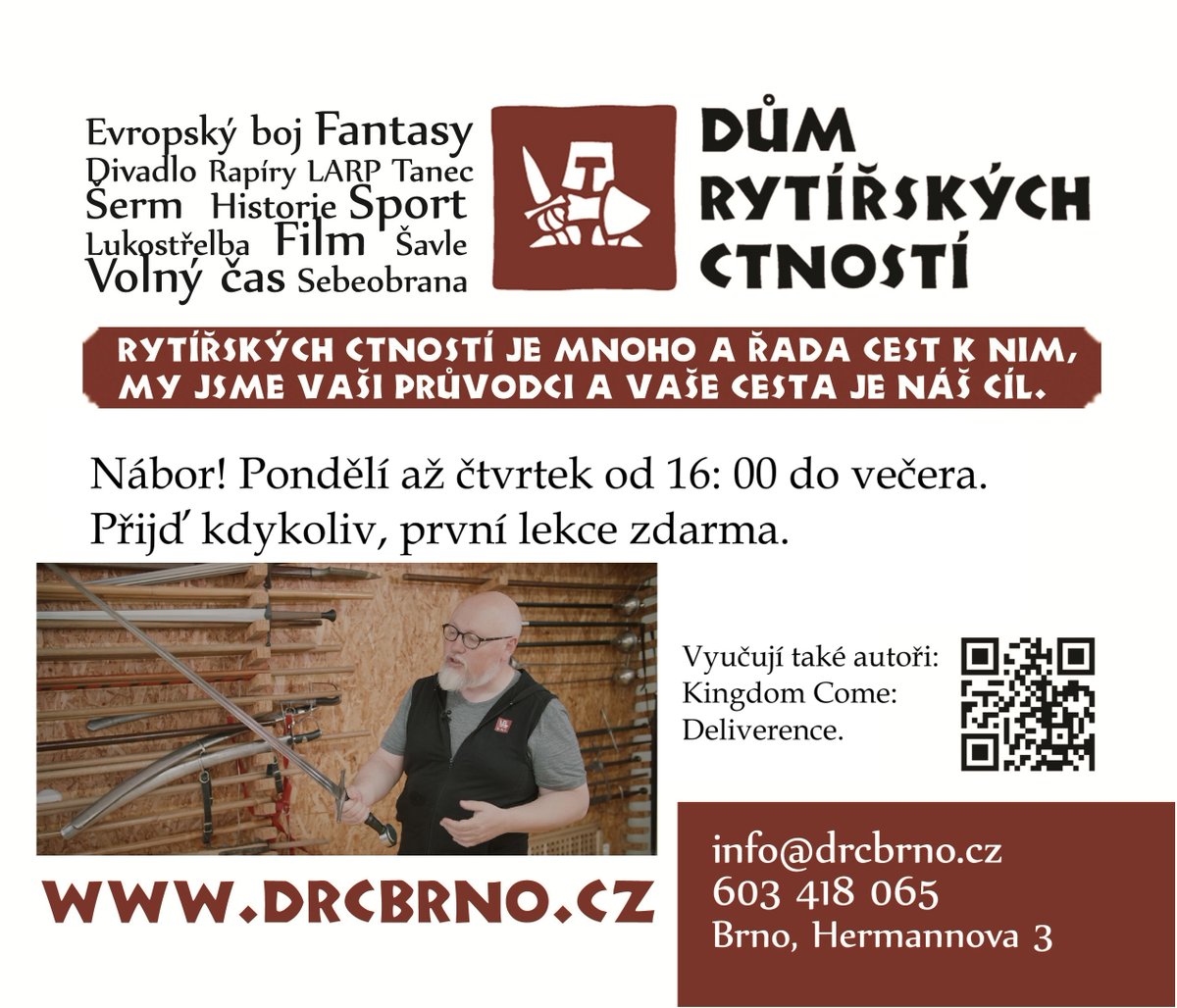drcbrno's tweet image. Nábor! Od šermu k sebeobraně, kalanetika, lukostřelba, Dračí hlídka... knihovna a klubovna! Kdykoliv bez přihlášky, od 8/9/2025, začátek zdarma, jo a přezuvky.