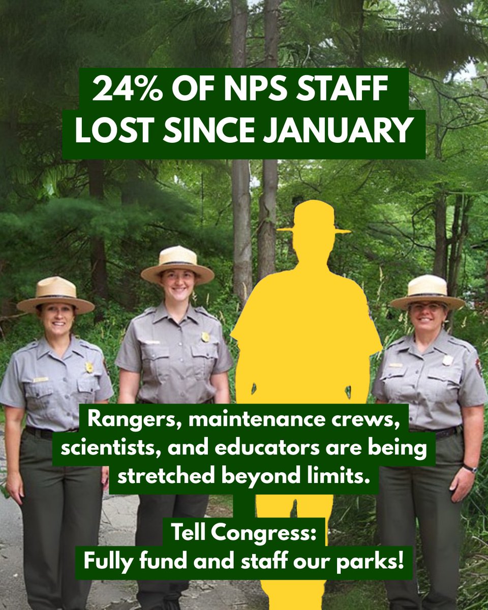 Since January, the NPS has lost 24% of its workforce, marking the steepest drop in its history. Rangers, scientists &amp; maintenance crews are stretched thin. Closures &amp; program cuts are mounting. As we approach #FoundersDay, demand action. #ProtectOurParks #ProtectEveryPark