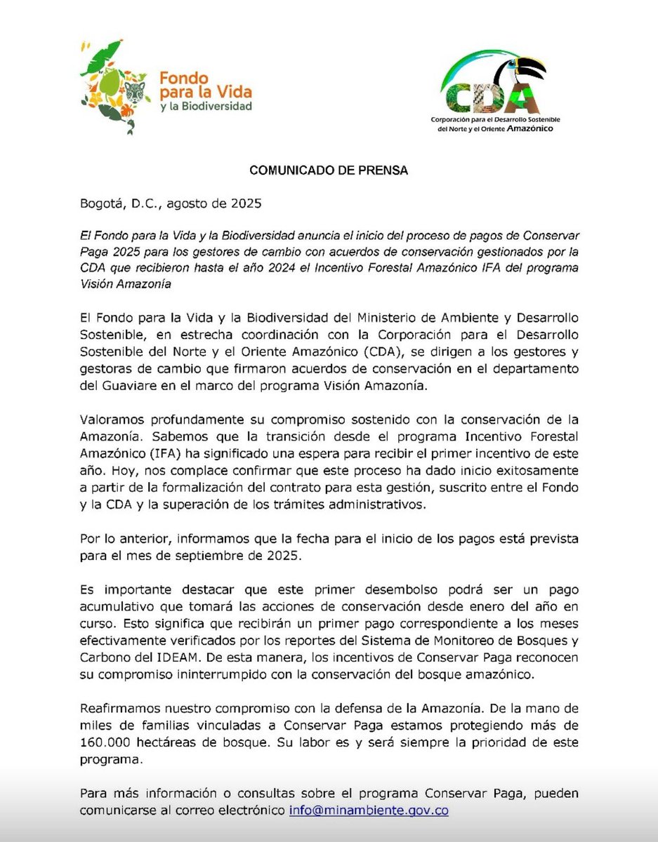 ¡Buenas noticias! 🌿✨ El Fondo para la Vida y la Biodiversidad anuncia el inicio del proceso de pagos de "Conservar Paga 2025" para los gestores de cambio con acuerdos de conservación gestionados por la CDA.  
¡Gracias por conservar! 💚
