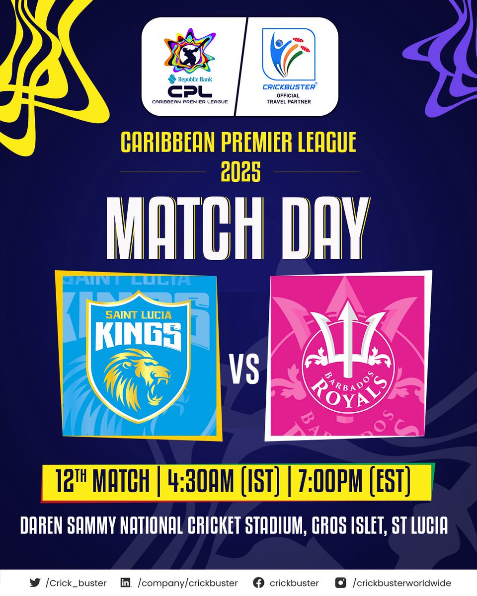 It’s Double header Match Day! 🔥

Antigua &amp; Barbuda Falcons (Led by Imad Wasim) 🆚 St Kitts &amp; Nevis Patriots (Captained by Jason Holder)
📍 Sir Vivian Richards Stadium, North Sound, Antigua
🕗 8:30 PM (IST) | 11:00 AM (EST)

Saint Lucia Kings 🆚 Barbados Royals (Led by Rovman