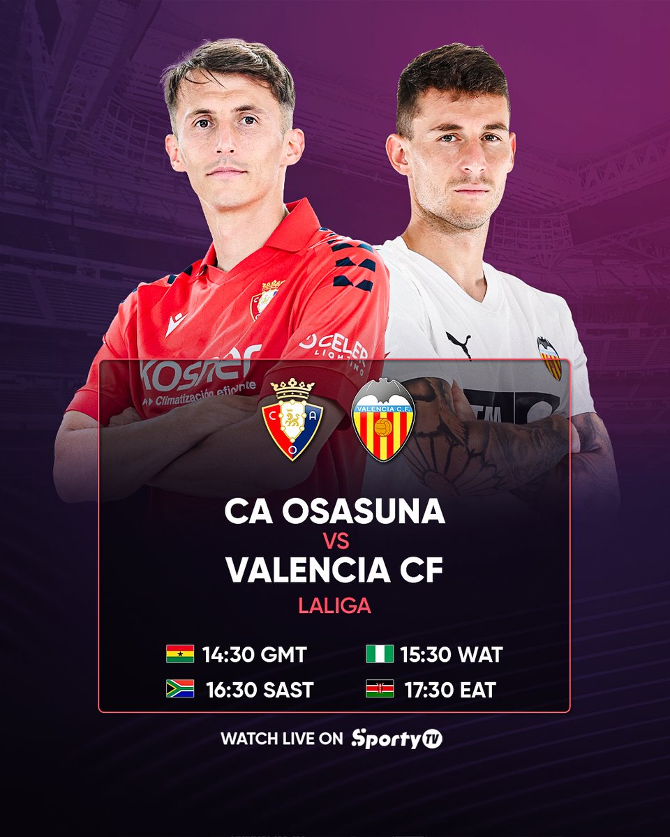 🚨 LALIGA LIVE NOW ON SPORTYTV! 🔥

Osasuna 🆚 Valencia (Available in: 🇬🇭🇳🇬🇿🇦🇰🇪)

Neither side has secured their first LaLiga win yet — who’ll get it first? 👀

#SportyTV #OsasunaValencia