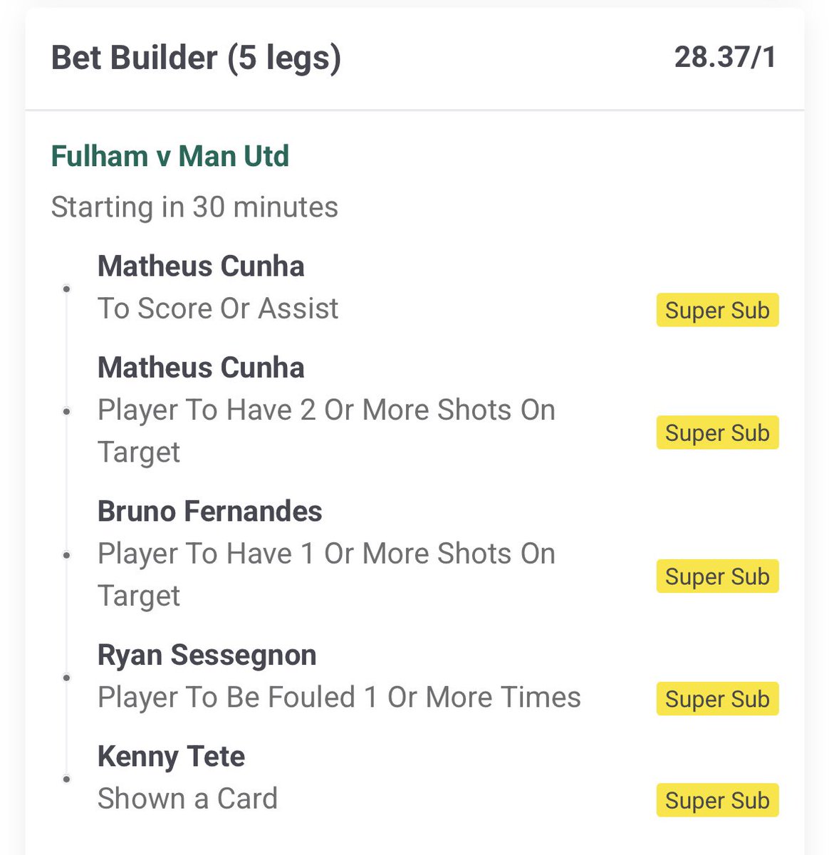 DanThompsonTips's tweet image. Fulham vs Man United 

2 Bet Builders 👇